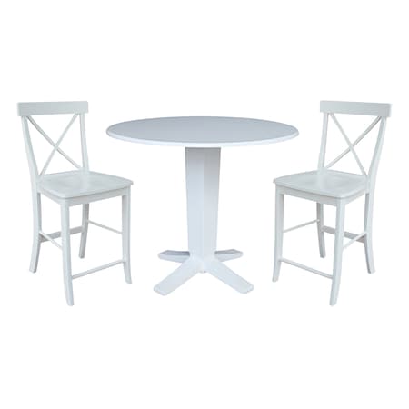 International Concepts 42 in. Solid Wood Dual Drop Leaf Dining Table with 2 Counter Height Stools in White K08-42DPT-23-S6132-2